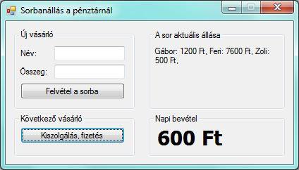 s.sorba(pont); h += new Halmaz<int>(pont); label4.text = "Bejárás:\n"; Innentől az Elméleti összefoglalóban található algoritmust követjük. A ciklus addig megy, amíg a Sor nem ürül ki: while (!s.urese()) A ciklusban először kiveszünk egy pontot a Sor elejéről, és hozzáfűzzük a ciklus elején kezdőértéket kapott címkéhez: pont = s.