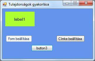 2. 6. ábra Tulajdonságok gyakorlása, három gombbal A címke üres Click eseménykezelő metódusát nem törölhetjük ki a kódból, helyette a Properties ablak Events gombjára való kattintás után töröljük ki