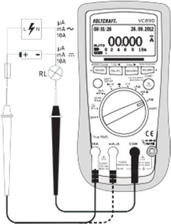 c) Árammérés A Semmiképpen ne lépje túl a megengedett legnagyobb bemeneti értékeket. Ne érintsen meg olyan áramköröket, amelyekben 25 V ACrms-nél vagy 35 V DC-nél nagyobb feszültségek léphetnek fel!