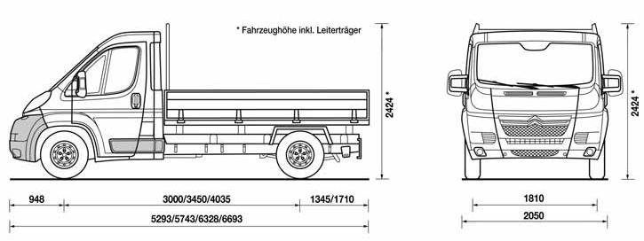 Jumper plató - kabin és dupla kabin méretek és műszaki jellemzők SZIMPLA KABIN Karosszéria hossza: L1 5293 5743 6328 6693 mm Plató belső szélessége: 2034 mm, Plató külső szélessége: 2100 mm Plató