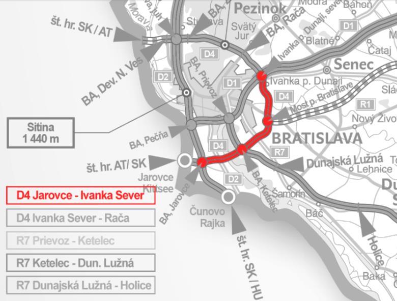 3.1 A Jarovce(Horvátjárfalu)-Észak-Ivánka autópálya szakasz A szakasz hossza: 22,59 km - a D4-es autópályán 19 db híd van a hidak összhossza 4 758 m - a felüljárók oldalágain 8 db híd van,