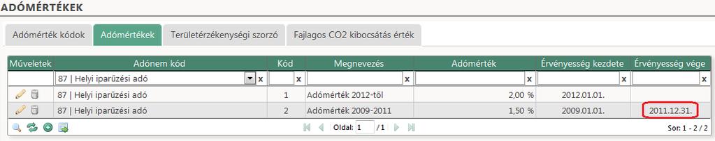 Ugyanezeket a dátumokat be kell írni az Adómértékek Érvényesség kezdete és Érvényesség vége mezőibe is. Fontos!