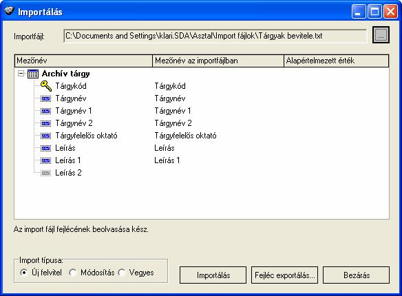 5.1.1. Példa A fejléc exportálása után keletkezett.txt fájlt Excelben megnyitva, adatokkal feltöltve, majd.