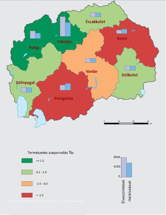 4. ábra A természetes szaporodás mértéke az egyes macedóniai statisztikai régiókban