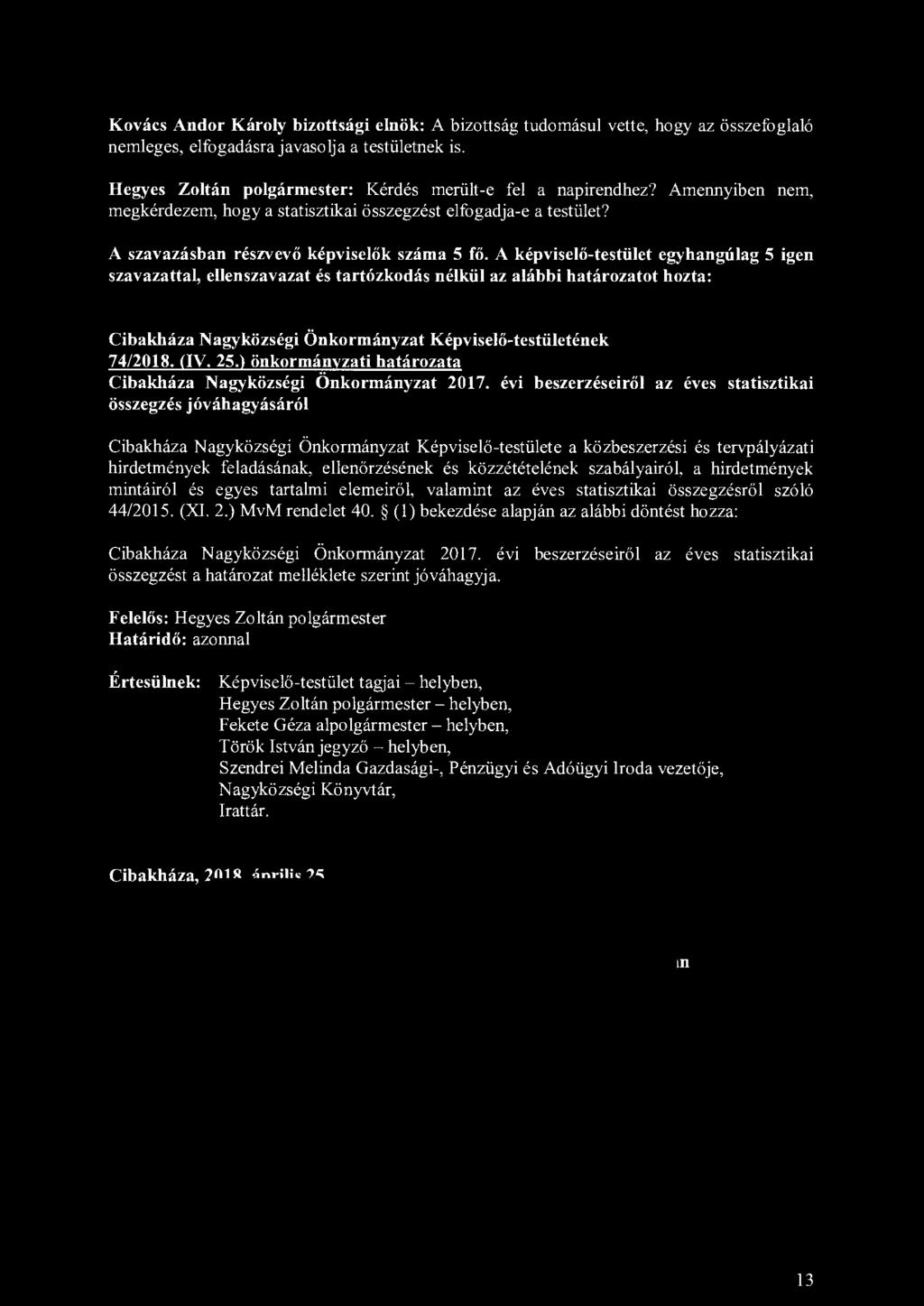 Kovács Andor Károly bizottsági elnök: A bizottság tudomásul vette, hogy az összefoglaló nemleges, elfogadásra javasolja a testületnek is. Hegyes Zoltán polgármester: Kérdés merült-e fel a napirendhez?