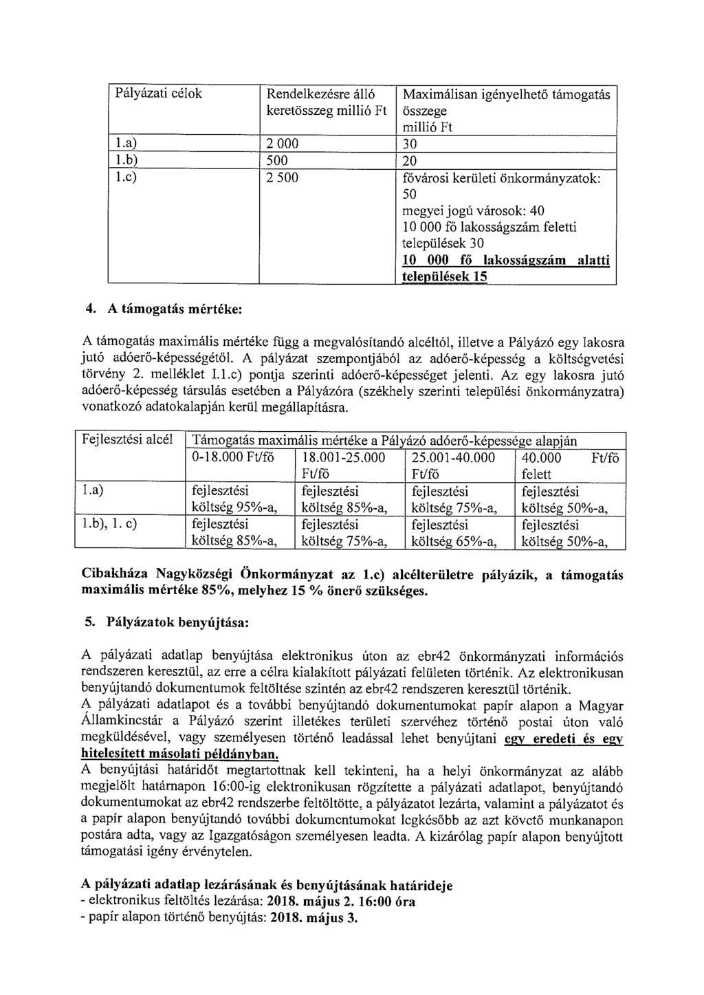 Pályázati célok Rendelkezésre álló Maximálisan igényelhető támogatás keretösszeg millió Ft összege millió Ft!.a) 2 OOO 30 1.b) 500 20!