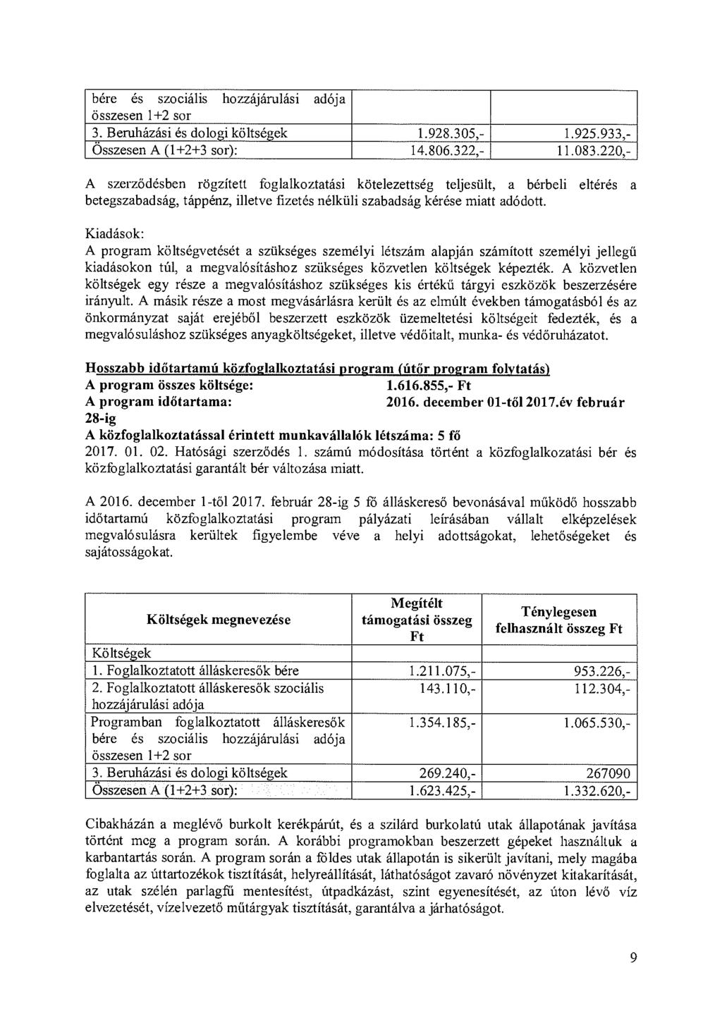 bére és szociális hozzájárulási adója összesen 1 +2 sor 3. Beruházási és dolo,:,:i költsé,:,:ek 1.928.305,- 1.925.933,- Összesen A (1 +2+3 sor): 14.806.322,- 11.083.