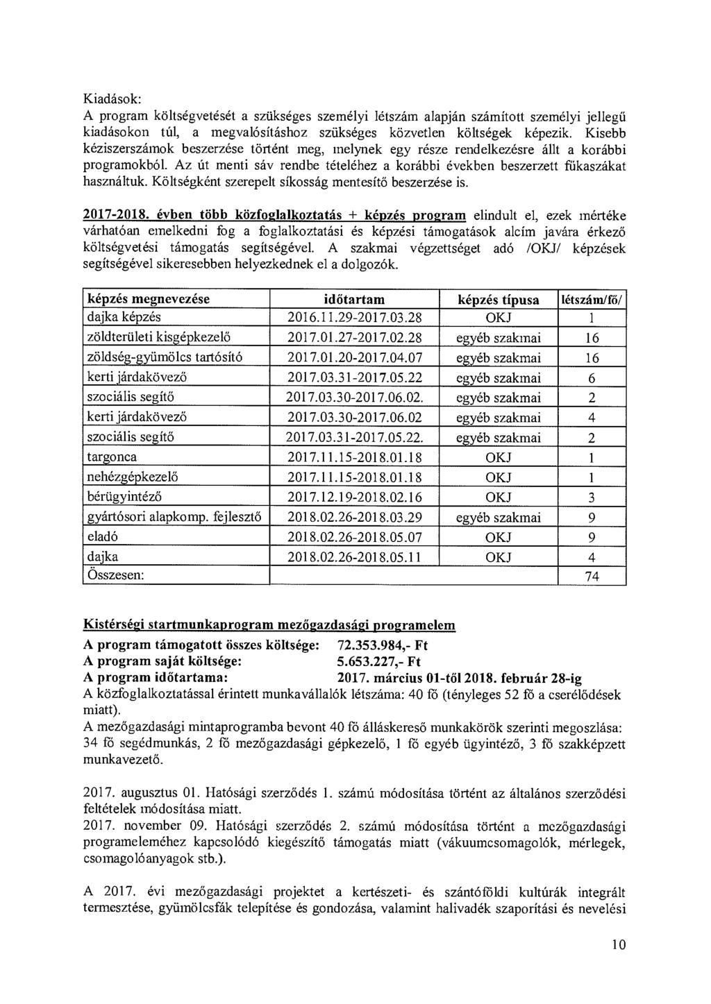 Kiadások: A program költségvetését a szükséges személyi létszám alapján számított személyi jellegű kiadásokon túl, a megvalósításhoz szükséges közvetlen költségek képezik.