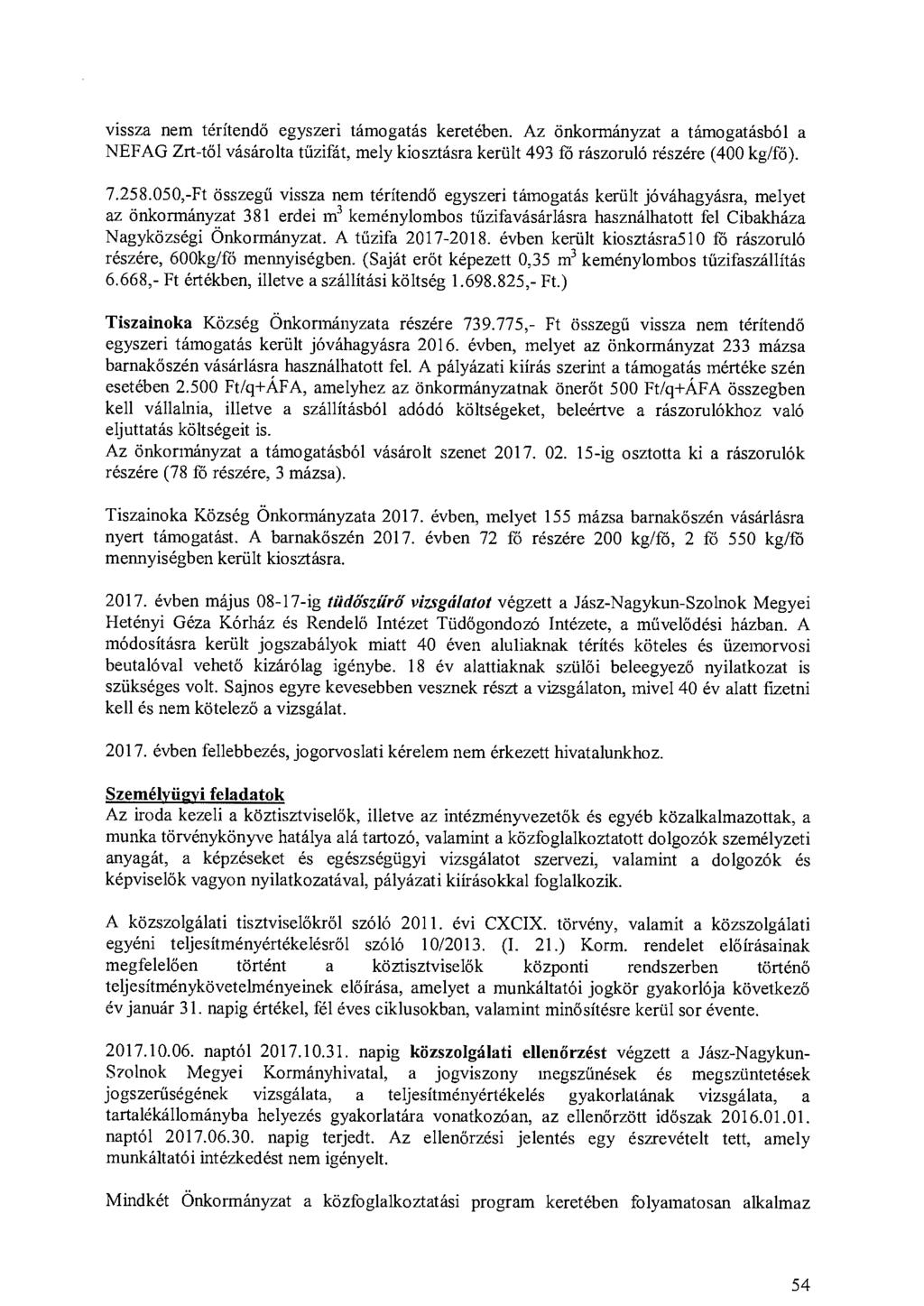 vissza nem térítendő egyszeri támogatás keretében. Az önkormányzat a támogatásból a NEFAG Zrt-től vásárolta tűzifát, mely kiosztásra került 493 fö rászoruló részére (400 kg/fö). 7.258.