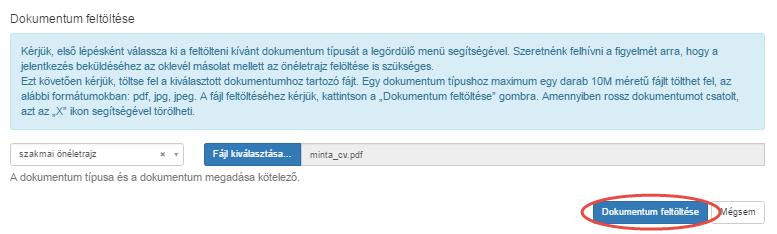 Egy dokumentum típushoz maximum egy darab 10 MB méretű fájlt tölthet fel, az