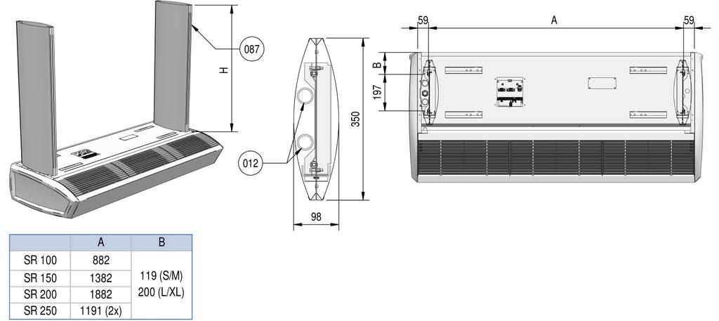 SensAir méretek Fali függesztő konzol Standard Design Menetesszár burkolat A H méret