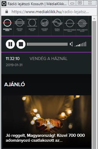 A külön ablakban megnyíló lejátszó. Az adás pause ugyanott történik. gombbal állítható meg, az újraindítás Jobb oldalon szabályozható a hangerő.