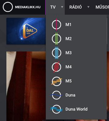 TV A felső menüsor lenyíló menüjében a TV csatornák listája