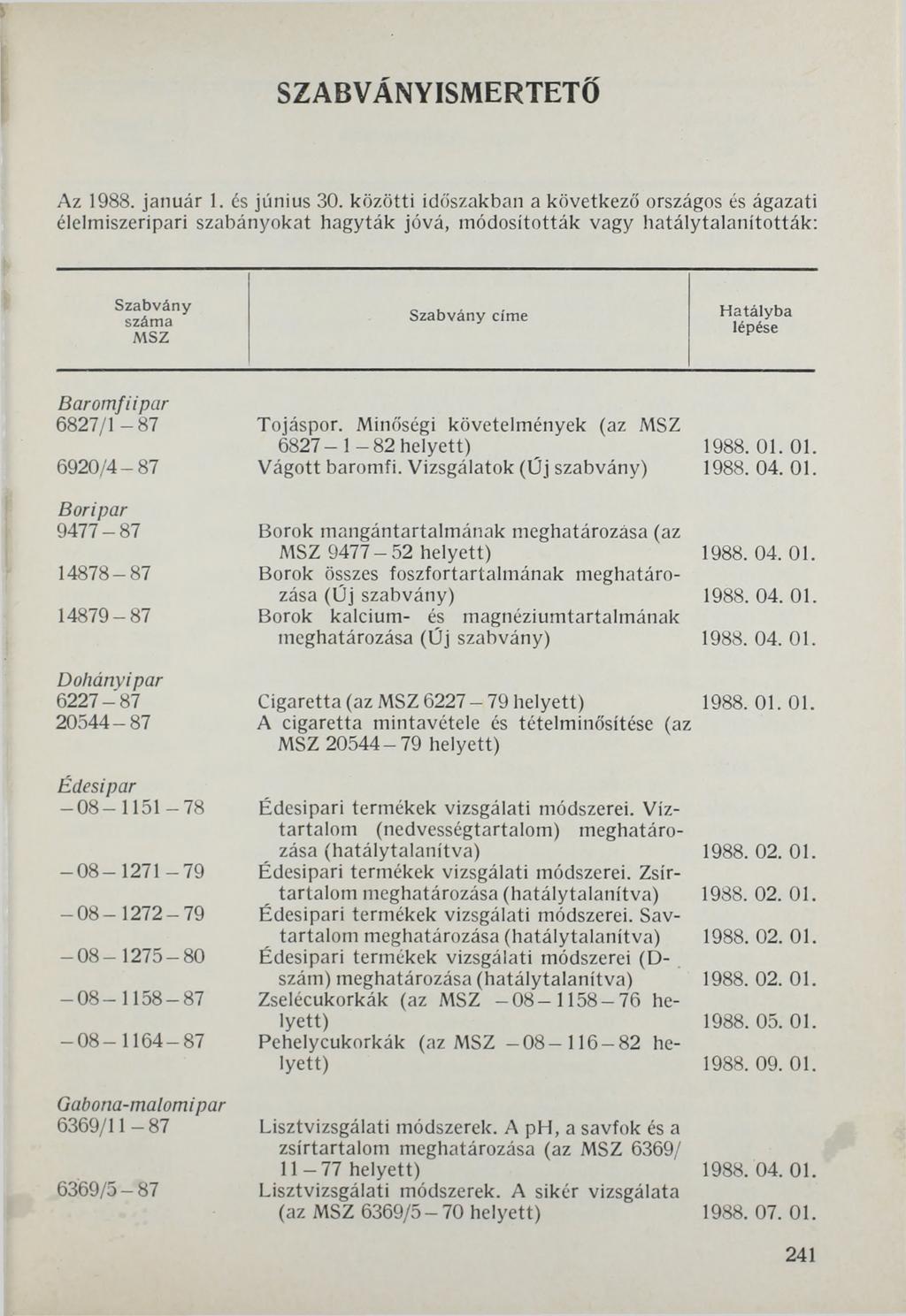 SZABVÁNYISMERTETŐ Az 1988. január 1. és június 30.