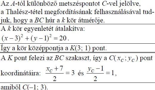 Az f egyenesről tudjuk, hogy illeszkedik az A pontra és merőleges az AB szakaszra. Számítsa ki a k: x 2 + y 2 6x 2y = 10 kör és az f egyenes (A-tól különböző) metszéspontjának koordinátáit!