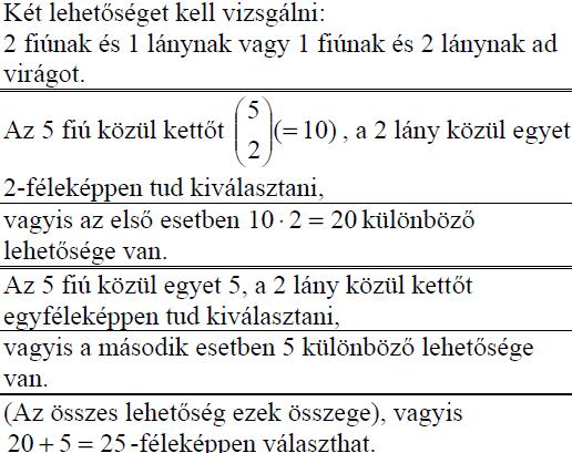 egyet-egyet. Hányféleképpen választhatja ki a fenti feltételek teljesítésével hét barátja közül azt a hármat, akinek ad virágot? (6p) (2014máj6b) első megoldás második megoldás 285.