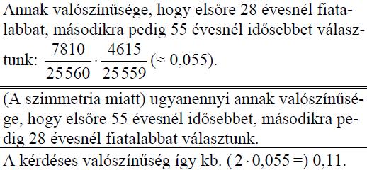 Adja meg annak valószínűségét, hogy az egyik kiválasztott személy 28 évesnél fiatalabb, a másik 55 évesnél idősebb! (4p) (2015máj5) első megoldás második megoldás 369.