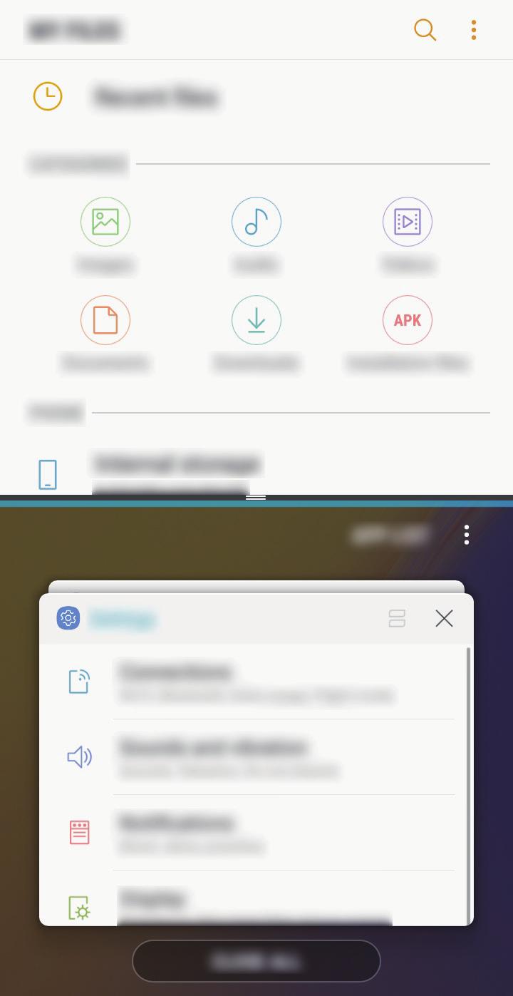 Alkalmazások és funkciók Osztott képernyős nézet 1 Érintse meg a Legutóbbi alkalmazások gombot a legutóbbi alkalmazások listájának