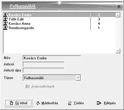 Jogosultságok Felhasználók A programban felhasználók hozhatók létre amelyeket a rendszergazda a programban található menüpontokhoz jogosultsággal lát el.