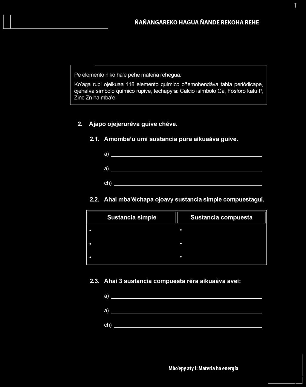 techapyra: Calcio isímbolo Ca, Fósforo katu P, Zinc Zn ha