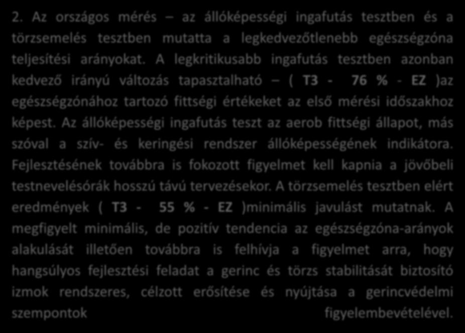 2. Az országos mérés az állóképességi ingafutás tesztben és a törzsemelés tesztben mutatta a legkedvezőtlenebb egészségzóna teljesítési arányokat.