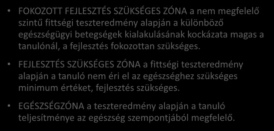 FEJLESZTÉS SZÜKSÉGES ZÓNA a fittségi teszteredmény alapján a tanuló nem éri el az egészséghez szükséges minimum