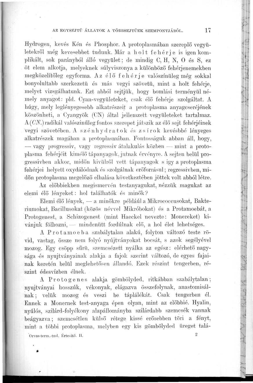 AZ EGYSEJTŰ ÁLLATOK A TÖBBSEJTŰEK SZEMPONTJÁBÓL. 17 Hydrogen, kevés Kén és Phosphor. A protoplasmában szereplő' vegyületekről még kevesebbet tudunk.