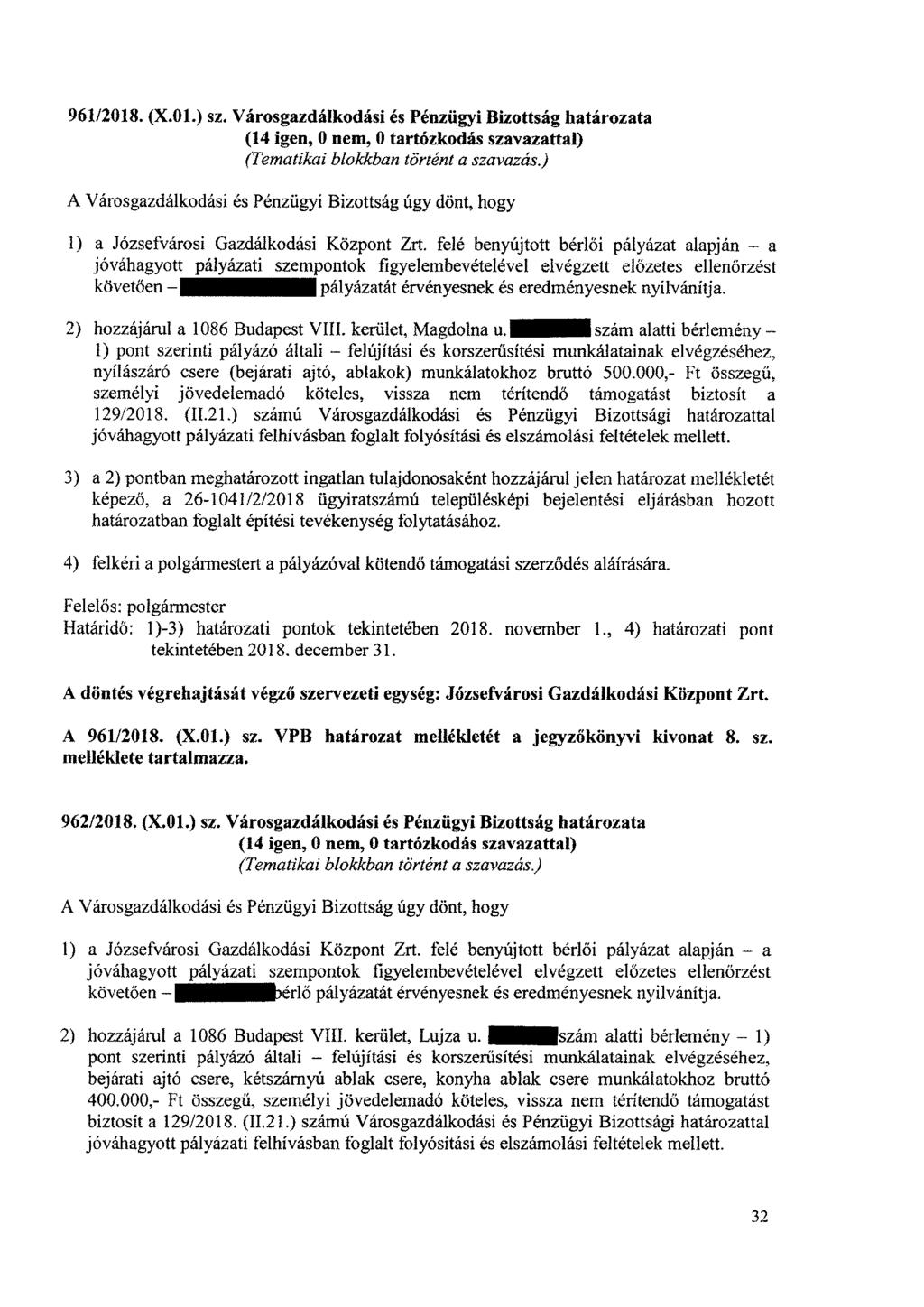 961/2018. (X.01.) sz. Városgazdálkodási és Pénzügyi Bizottság határozata (14 igen, 0 nem, 0 tartózkodás szavazattal) (Tematikai blokkban történt a szavazás.