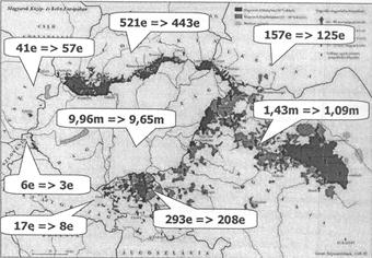 24. ábra A magyarok 2001-ről 2021-re előreszámított létszáma országonként (e=ezer, m=millió) Megjegyzés: A háttérkép Sebők László munkája. Felhasználása a szerző engedélyével történt.
