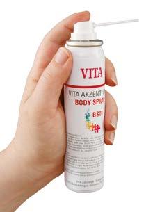 VITA AKZENT Plus GLAZE / BODY SPRAY alkalmazása VITA AKZENT Plus GLAZE/BODY SPRAY A por és paszta formájú glazúrmasszák mellett alternatív megoldásként GLAZE SPRAY is használható.