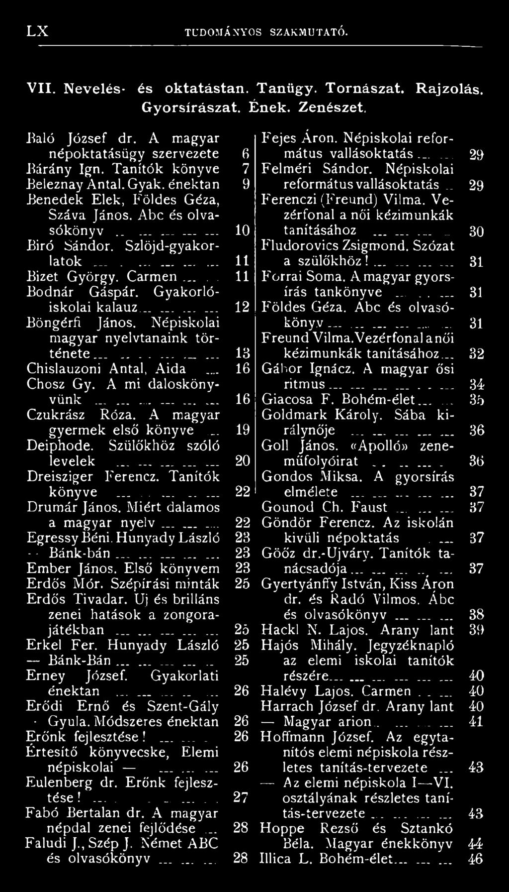 Gyakorlóiskolai kalauz............ 12 Böngérfi János. Népiskolai magyar nyelvtanaink története......... 13 Chislauzoni Antal, Aida... 16 Chosz Gy. A mi daloskönyvünk...... 16 Czukrász Róza.