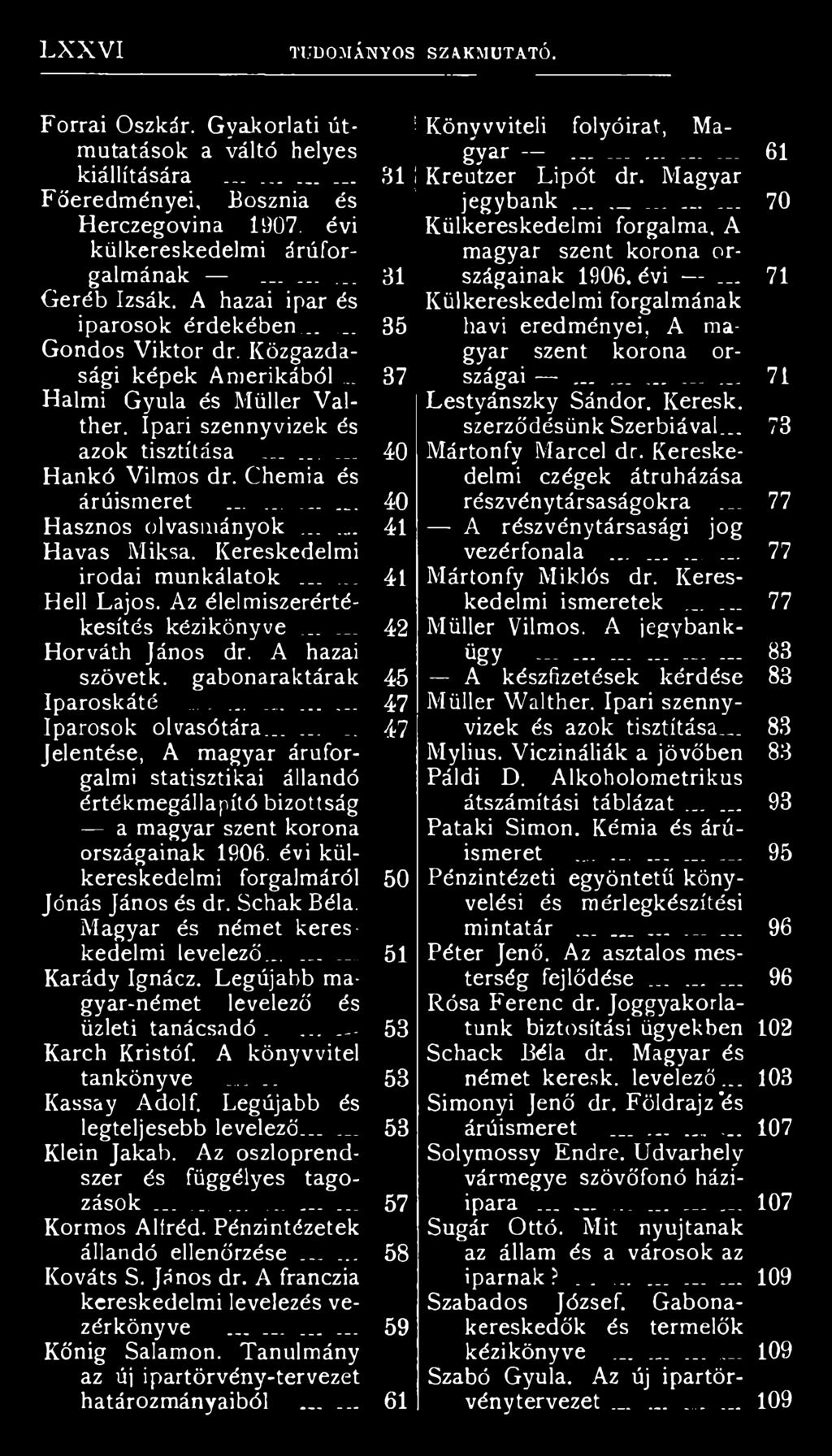 Chemia és árúismeret............ Hasznos olvasmányok...... Havas Miksa. Kereskedelmi irodai munkálatok...... Hell Lajos. Az élelmiszerértékesítés kézikönyve...... Horváth János dr. A hazai szövetk.