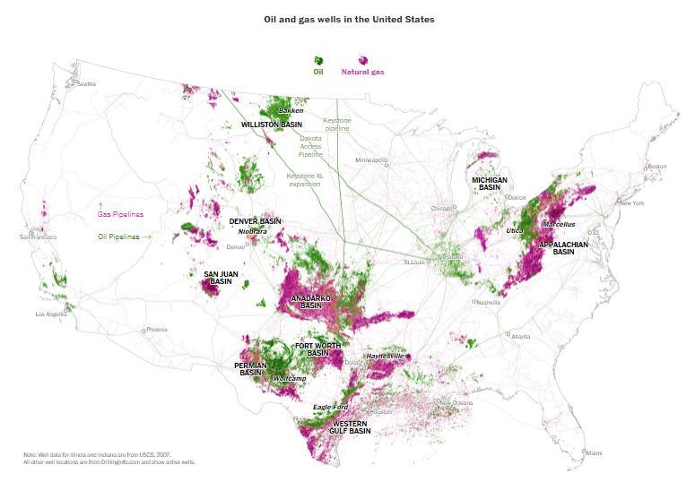 Kőolaj- és földgázmezők az Egyesült Államokban (2016)