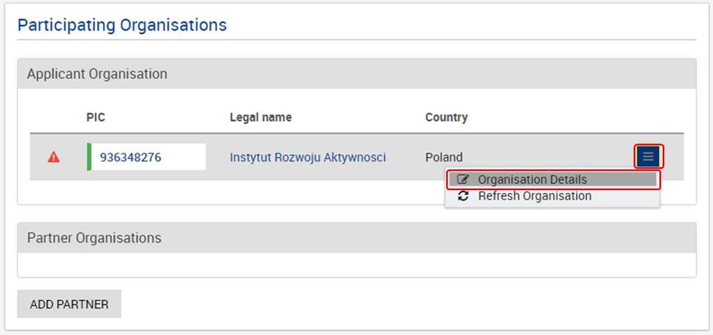 Kattintson a menü gombra és válassza ki az A szervezet / intézmény adatait.