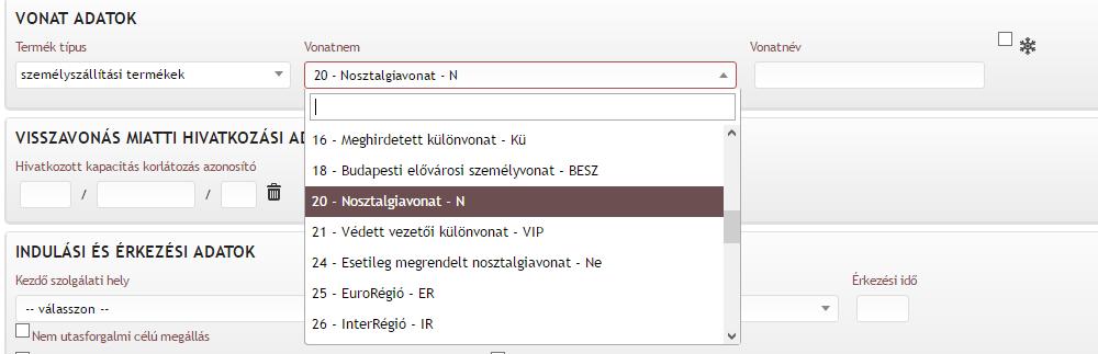 A terméktípusok legördülő menüben szerepelhetnek a személyszállítási, árufuvarozási, vontatási és pályavasúti termékek.