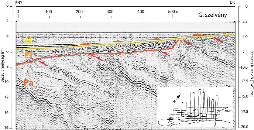 mélysége a vizsgált fonyódi területen. A kétutas futási időből (ms) a mélység becslése (m) kb. 1600m/s sebesség értékkel történt Figure 2.