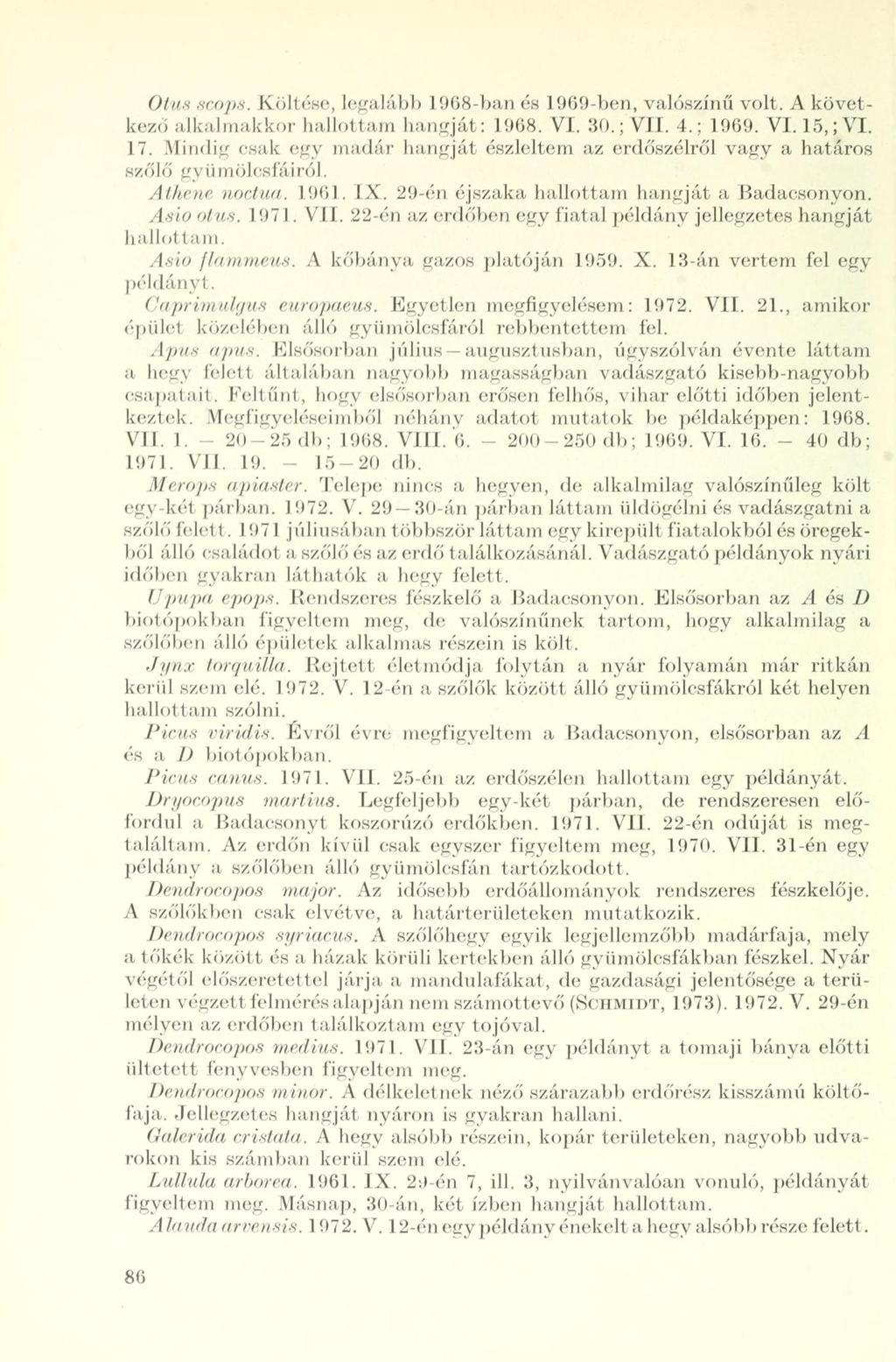 OtUS SCOpS. Köl 1 ('-se, legalul)). I 968-hau ('S 1909 lien, valószínű volt. A következő alkalmakkor hallottam hangját: 1968. VI. 30.; VII. 4.; 1969. VI. 15,;VI. 17.