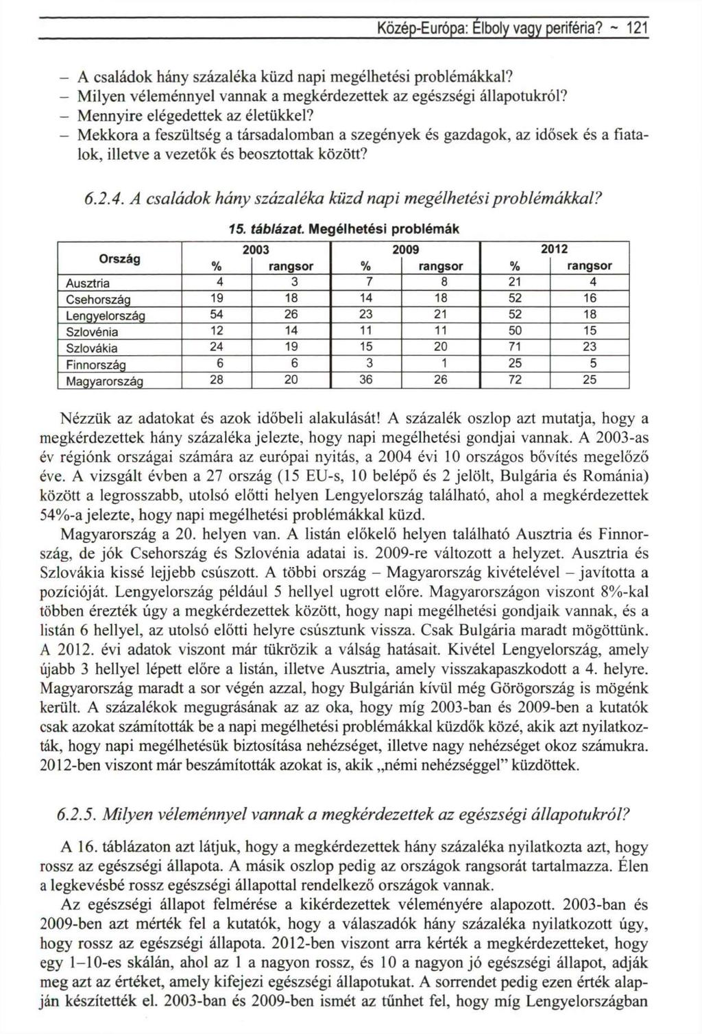 Közép-Európa: Élboly vagy periféria? ~ 121 - A családok hány százaléka küzd napi megélhetési problémákkal? - Milyen véleménnyel vannak a megkérdezettek az egészségi állapotukról?