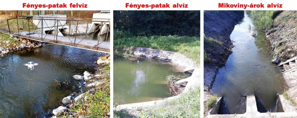 Maller Márton: A tatai Fényes-források összes vízhozamának meghatározása 21 3. fénykép. A kijelölt vízhozam mérési szelvények a Fényes-fürdő feletti és alatti vízfolyásszakaszokon Picture 3.