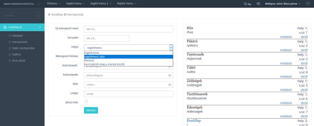 - Menüpontok: Ez a menüpont hivatott a menürendszer kialakítására és szerkesztésére. A bal oldali hasábban tudunk új menüpontot létrehozni, illetve meglévőt szerkeszteni.