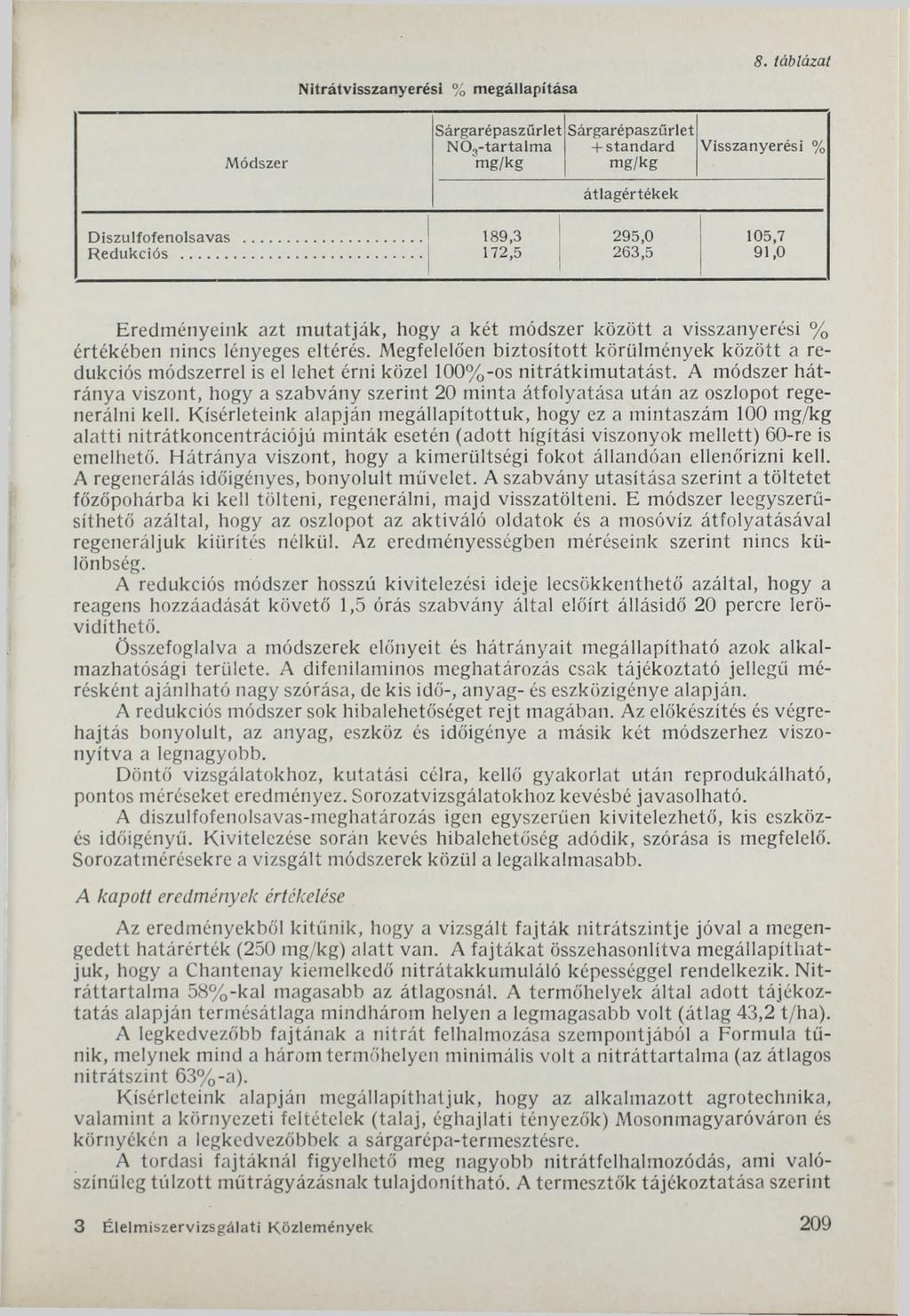 Nitrátvisszanyerésl % megállapítása 8. táblázat Módszer Sárgarépaszűrlet NO,-tartalma mg/kg Sárgarépaszűrlet + standard Visszanyerési % mg/kg átlagértékek Diszulfofenolsavas Redukciós.