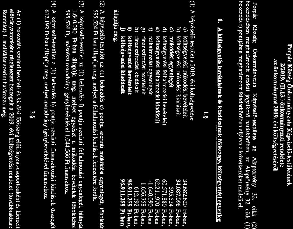 Porpác Község Önkormányzata Képviselő-testületének 2/2019. (11.13.) önkormányzati rendelete az önkormányzat 2019.
