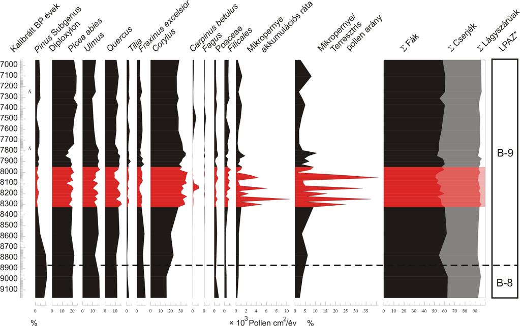 pollendiagram 6950 és 9170 évek közötti szakaszára (7. és 8. ábra). A 7. ábra a pollen százalékok, míg a 8. ábra a pollen akkumulációs ráták használatával készült. 7. ábra. A 8200 éves klíma oszcilláció idején történő pollen és mikropernye tartalombeli változások a Brazi-tóban.