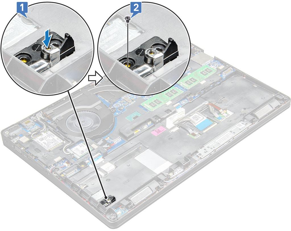 5 Az SSD beszerelése: a Helyezze az SSD-t az alaplapon található csatlakozóba [1].