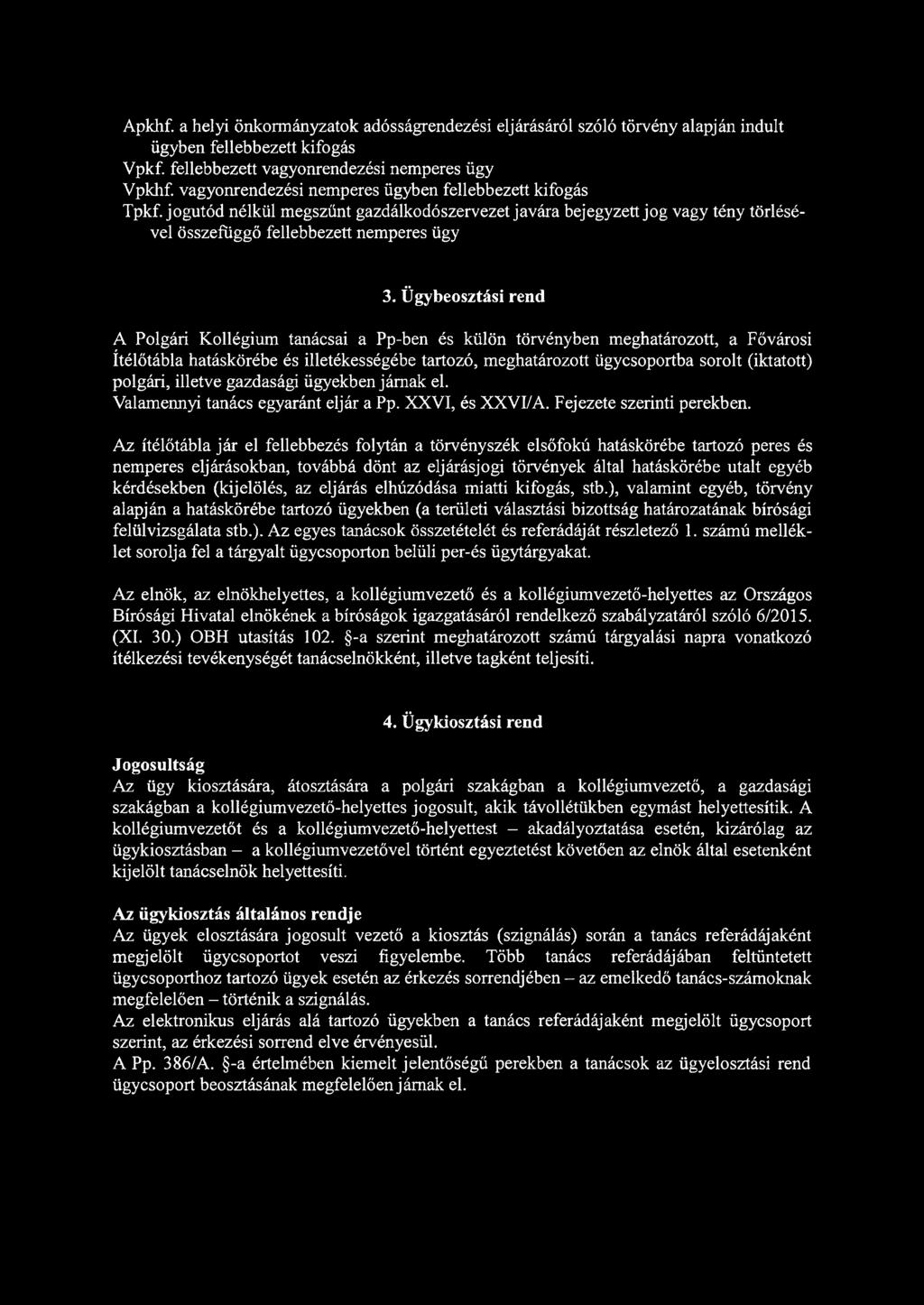 Ügybeosztási rend A Polgári Kollégium tanácsai a Pp-ben és külön törvényben meghatározott, a Fővárosi ítélőtábla hatáskörébe és illetékességébe tartozó, meghatározott ügycsoportba sorolt (iktatott)