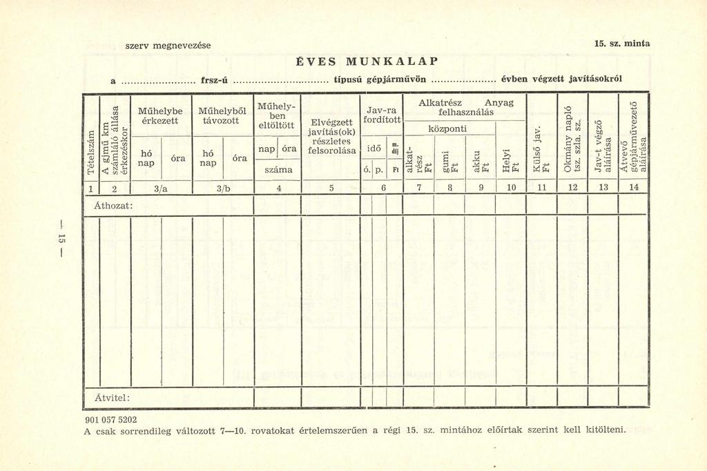 a szerv megnevezése 15. sz. minta ÉVES MUNKALAP frsz-ú... típusú gépjárművön.