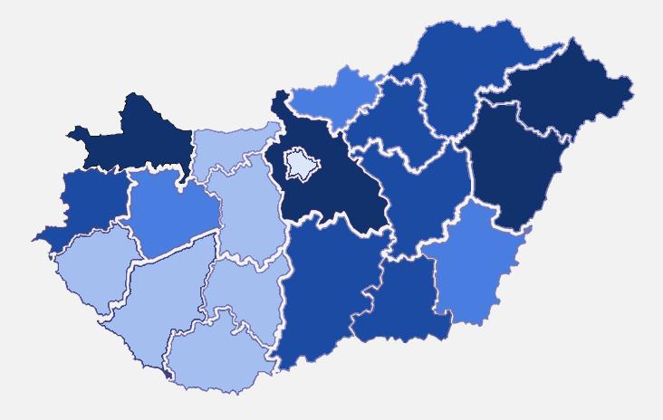 2. ábra: 1000 főre jutó CSOK támogatási szerződések száma megyénként 8,6 3,7 10,5 7,8 8,2 7,8 8,1 10,2 8,5 8,7 9,0 9,9 9,3 7,4 7,4 7,7 8,5 8,5 8,0 8,3 Forrás: Pénzügyminisztérium.