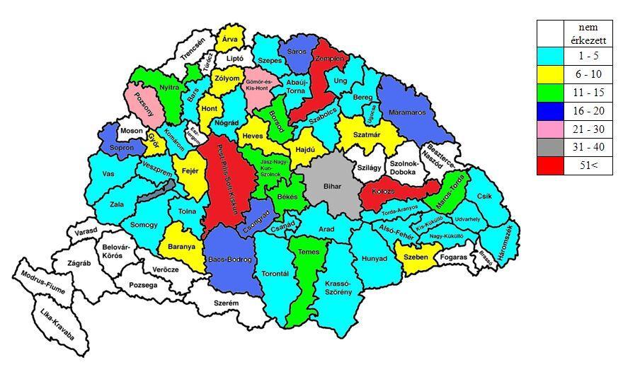 2. ábra: Az egyes vármegyékből beérkezett publikációk mennyisége 1865-1918 között Fig.