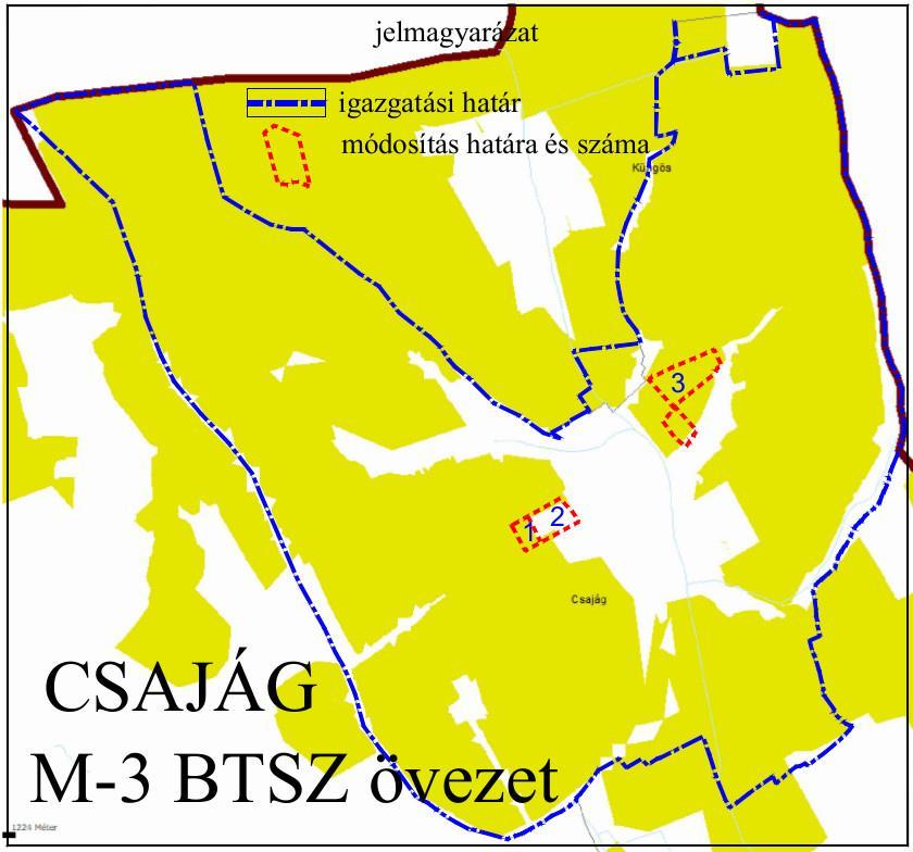 A település igazgatási területét érinti, és az 1. módosítás területét is érinti a Btv. M-1, M-3, SZ-1, T-1 övezete.