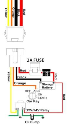 2. Eszköz bemutatása Bekötési diagramm Áram, ACC, Olaj/Elektromos vezérlés csatlakoztatás (4 csatorna).ez az eszköz 10-80V DC áramellátást igényel.kérjük, az eredeti gyári bekötést alkalmazza.